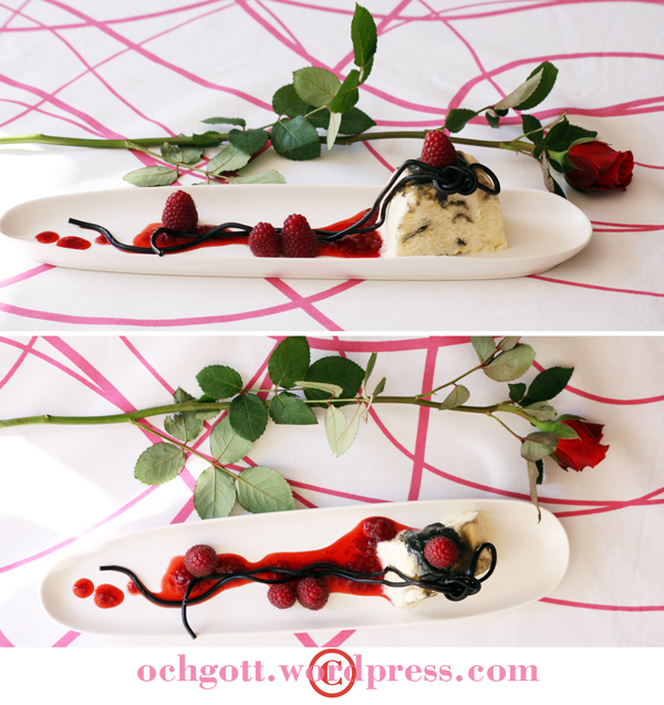 Lakritssemifreddo med hallon- och jordgubbssås