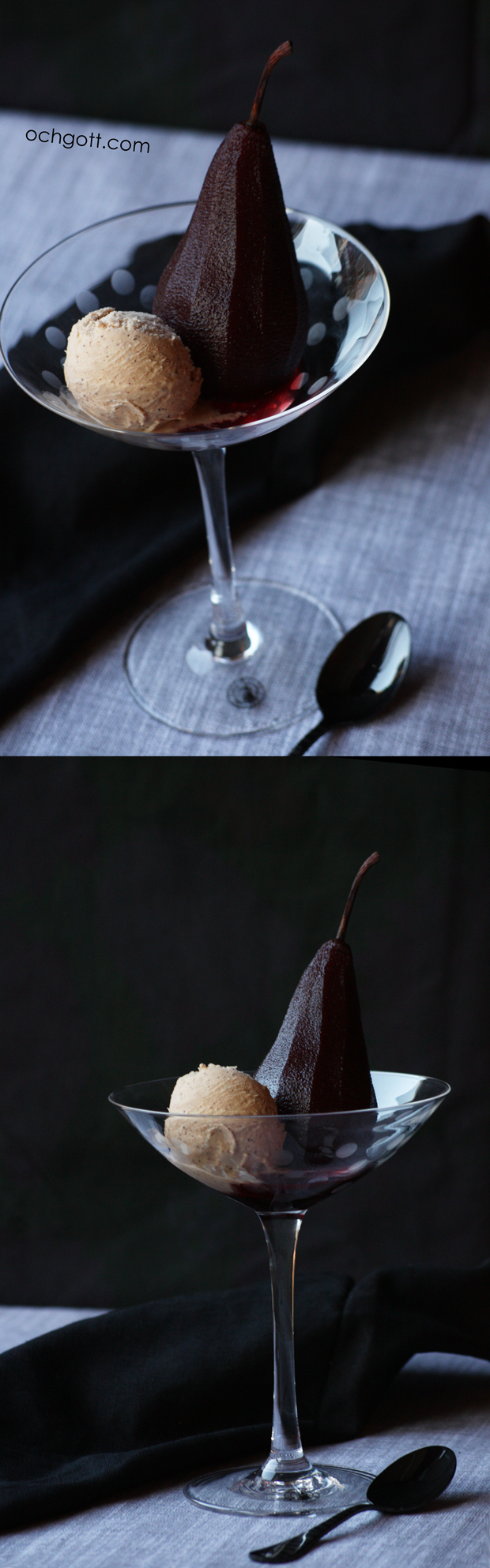 Rödvinskokta päron med pepparkaksglass