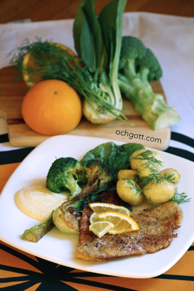 Kokospanerad rödspätta med apelsinsås