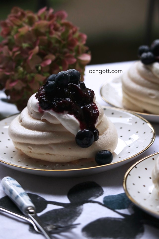 Pavlova med blåbärs- och rabarberkompott Foto: Britt-Marie Knutsson